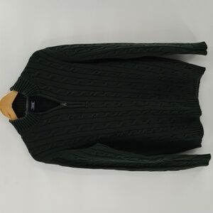 IZOD cable knit quarter zip pullover sweater large dark green 100% cotton Izod